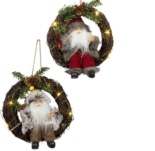 Santa im Kranz mit LED 30cm, 2 Stück
