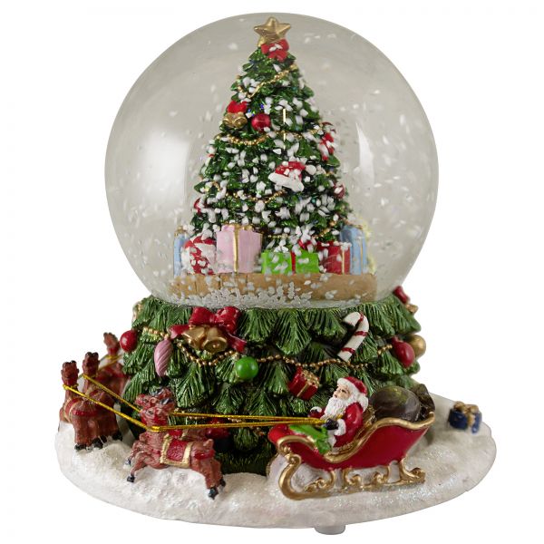 Schneekugel mit Spieluhr 17cm Weihnachtsbaum mit Schlitten